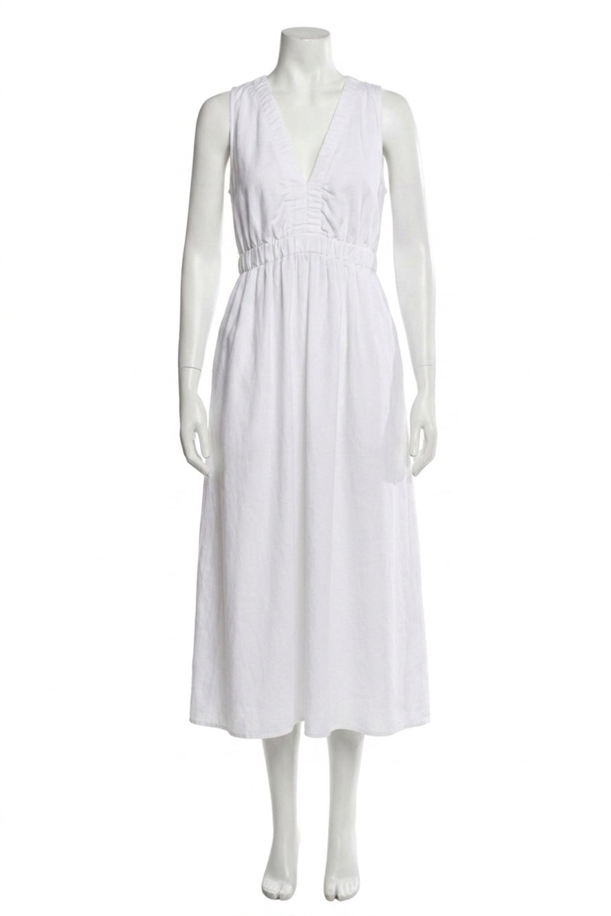 NEW BISHOP + YOUNG melina seersucker midi dress in shell white